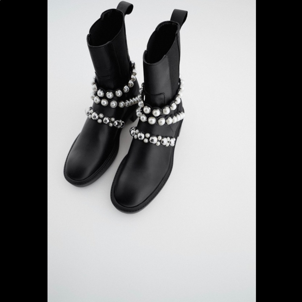 PEARL STRAP | LOW HEELED | LEATHER BOOTS.   NWT